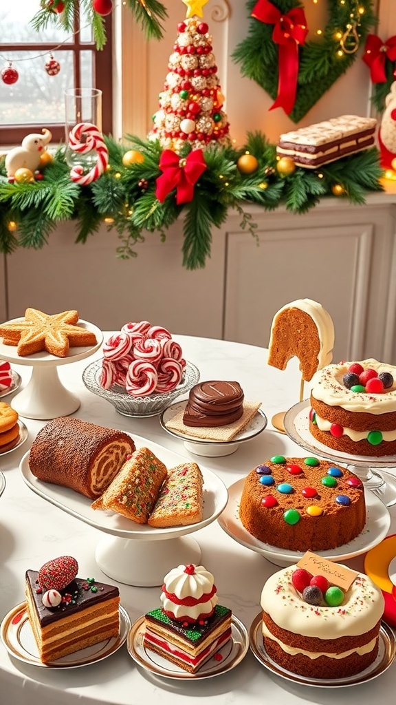 A variety of Christmas desserts including cookies, bark, yule log, and fruitcake on a festive table.